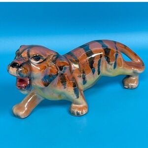 Vintage Ceramic Iridescent Lustreware Tiger Figurine Orange Black 6.5" MCM Japan